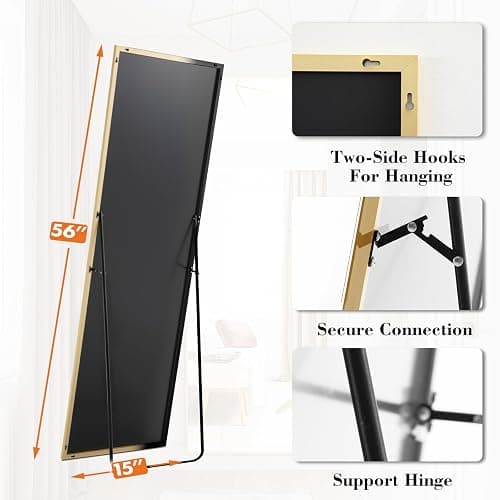 Sweetcrispy 56"x15" Full Length Mirror, Standing Full Body Mirror, Gold | Aluminum Alloy Thin Frame, Floor or Standing, Suitable for Bedroom, Living Room, Cloakroom thumbnail 2