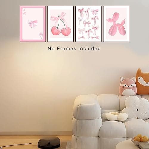 L0famy Preppy Prints Room Decor, Pink Bow Cherry Disco Ball Poster Wall Decor, Cute Balloon Dog Posters, Girls Bedroom Decoration Pink Photos For Bedrooms Dorm 8x10in Unframed thumbnail 4
