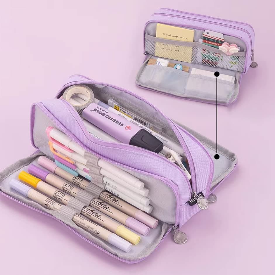 Zipper Pencil Case Large Capacity Storage Bag School Stationery Makeup Organizer, Expandable, Multi-Function with Mesh Pockets, Elastic Slots thumbnail 7