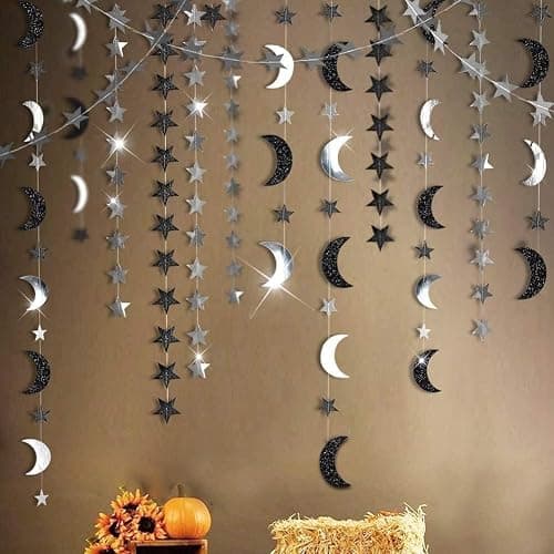 Cheerland Black Silver Moon Decoration Star and Gothic Halloween Decor Garland for Twilight Birthday New Year Eve Party Grunge Star Banner Celestial Wedding Baby Shower Ramadan Eid Mubarak Summerween - Image 1