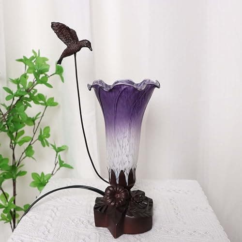 Bieye LL102 Hummingbird Flying Over Lily Flower Blown Glass Table Lamp for Home Decor (White Indigo, 4.25Wx12H) thumbnail 3