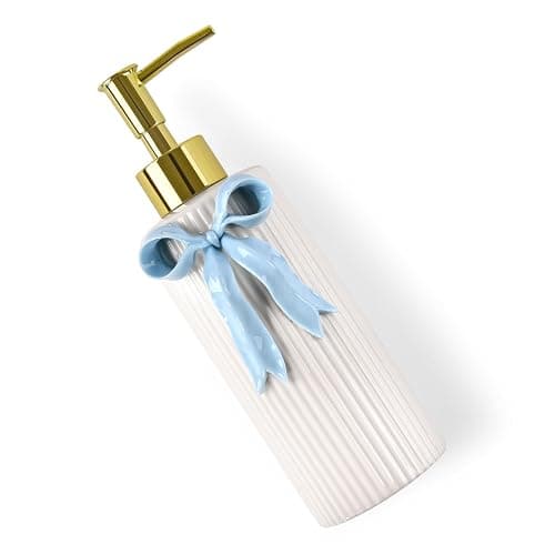NEWHENGS Handmade Ceramic Bow Soap Pump Dispenser Hand Lotion Liquid Dispenser Refillable for Kitchen and Bathroom Decorative (Ribbon Blue) thumbnail 5