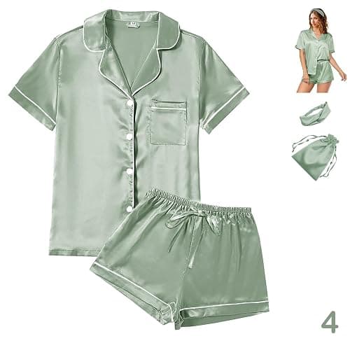 4Pcs Womens Satin Silky Pajama Sets Short Sleeve Shirt XS-4XL Floral Pajamas Set Soft PJ Loungewear Sleepwear - Image 1