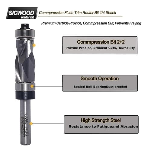 SICWOOD Compression Top and Bottom Bearing Flush Trim Router Bit 1/4 Shank - 1/2" Cutting Dia, Carbide Spiral Up-Down Pattern Template Flush Cut Router Bit, for Wood Trimming thumbnail 6