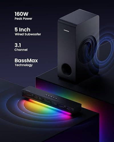 Sound Bar with Subwoofer, MEREDO Small PC Soundbar with USB/BT5.3/HD-ARC/Optical/AUX,  3.1 CH 5 EQ Modes Computer Speakers Sound bars with RGB Lighting, Soundbar for TV  PC Home Theater Desktop Gaming thumbnail 3