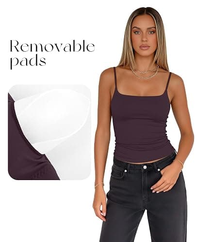 Women's Double Lined Tank Top with Bulit in Bra Adjustable Spaghetti Straps Sleeveless Basic Camisole Shirts thumbnail 5