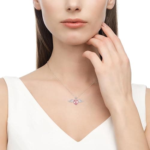 TANGPOET Engelsflügel Halskette 925 Sterling Silber Liebe Herz Kristall Kette Königin Krone Anhänger Geburtsstein Schmuck Geschenk für Frauen Mädchen mit Geschenkbox thumbnail 5