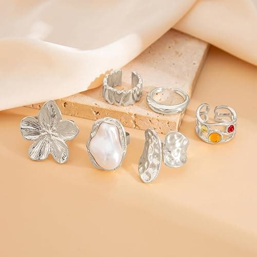 Otxas Chunky Gold Rings for Women Adjustable Statement Rings Baroque Pearl Flower Ring Stackable Rings Set 6Pcs Chunky Jewelry - Silver thumbnail 6