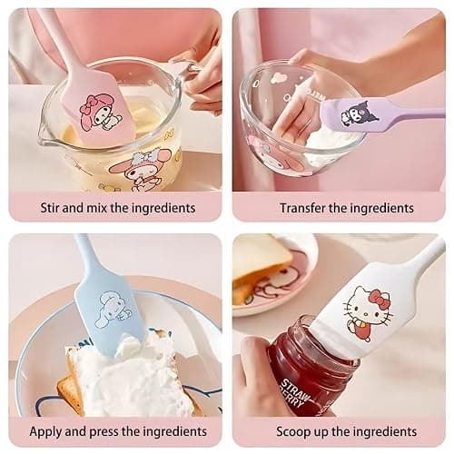 Cartoon silicone spatula, long handle non-stick rubber, heat-resistant, suitable for cream, jam, blenders, and applicable for cooking and baking (Pink melody) thumbnail 3