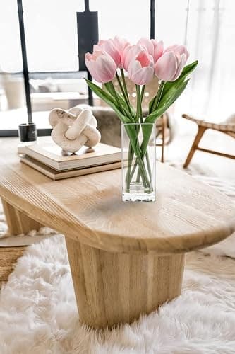 Briful Fake Flowers Artificial Tulip Flower Pink in Clear Vase, Real Touch Foam Tulip Arrangement Suitable for Home Office Decoration, Dining Table Centerpiece thumbnail 7
