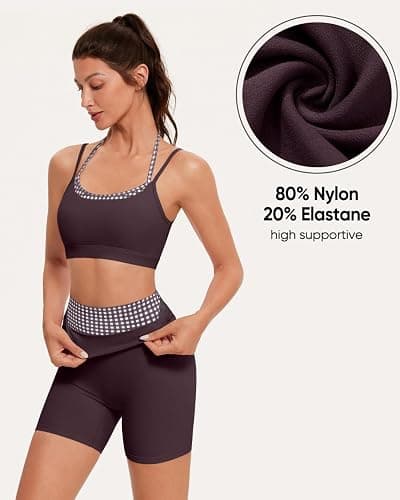 OMKAGI Workout Sets for Women Cute Doubel Layer Sports Bra Top Gym Outfits | Sexy Open Back Workout Tops Matching Gym Sets, Cute 2 Piece Workout Sets, soft Elastane, High Impact Biker Shorts Gym Outfit thumbnail 4