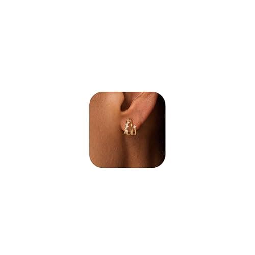 BLUEELM Gold Stud Earrings for Women, Dainty Triple Huggie Earrings 14K Gold Plated Small Hoop Earrings for Women Trendy Cute Hypoallergenic Stud Earrings Unique Double Hoops Waterproof Gold Jewelry - Image 1