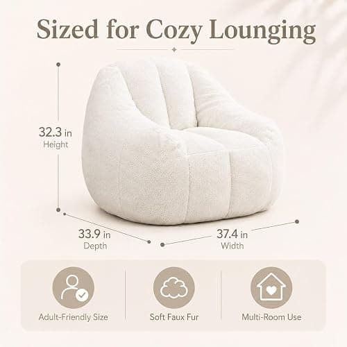 Elyveont White Bean Bag Chair for Kids & Teens & Adults, Medium Bean Bag Chairs with Soft Stuffed Filling, Comfy Beanbag Sofa Fluffy Floor Lounge Chair in a Box for Reading & Relaxing thumbnail 2