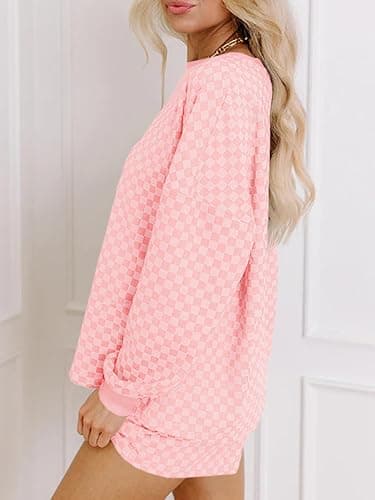 Tankaneo Womens 2 Piece Outfits Oversized Long Sleeve Checkered Plaid Tops Elastic Waist Shorts 2026 Pajama Sets Loungewear thumbnail 4