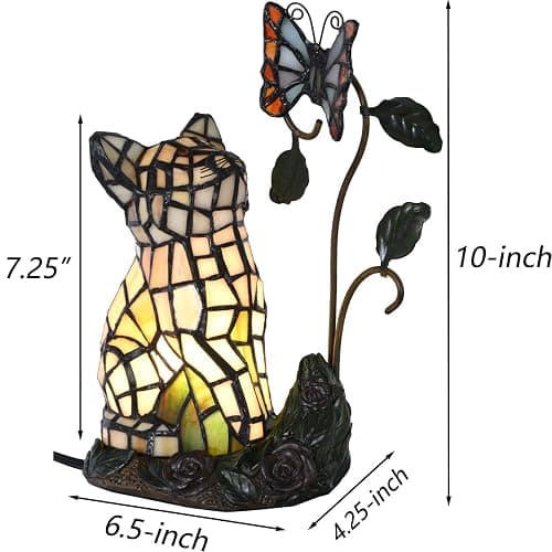 Bieye L10891 Tiffany-Style Stained Glass Cat Accent Table Lamp - Adorable Orange Cat Watching a Butterfly - 10-Inch Tall thumbnail 6