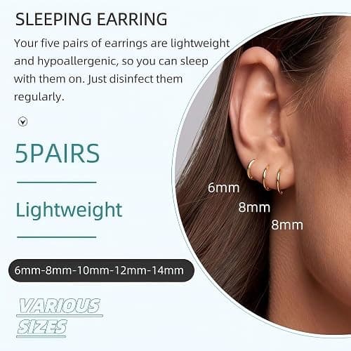 5 Pairs 14K Gold Plated Huggie Hoop Earrings for Women - Lightweight Minimalist Small Hoops, Hypoallergenic Nickel-free Lead-free, Non-Tarnish Everyday Jewelry for Sensitive Ears, Multiple Piercing Stack Set thumbnail 4