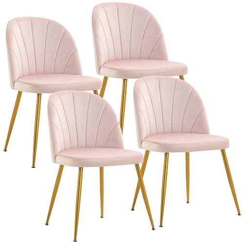 Newnno Velvet Dining Chairs Set of 4, Upholstered Mid Century Modern Dining Chairs, Armless Accent Chair with Metal Gold Legs for Living Room, Kitchen, Dining Room, Pink - Image 1