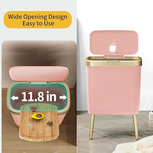 Procade Bathroom Trash Can with Lid, 4 Gallon Pink Garbage Can, Tall Plastic Trash Bin with Push Button, Slim Gold Trash Can Waste Basket for Room, Bedroom,Office,Kitchen thumbnail 4