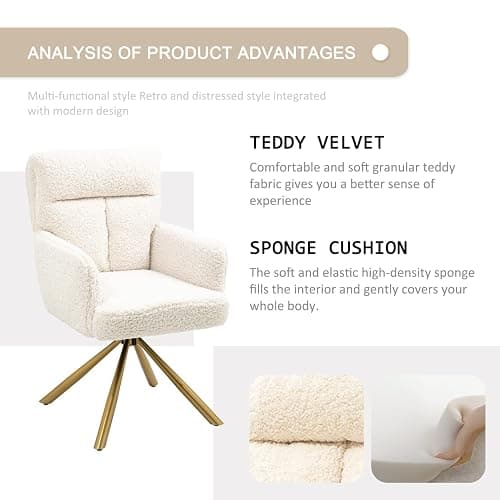 Ugijei Teddy Office Desk Chair No Wheels, Modern Vanity Chair with Gold Legs, Boucle Comfy Swivel Accent Chair, Wide Seat Computer Task Reading Armchair for Living Room Home Office (Beige) thumbnail 5