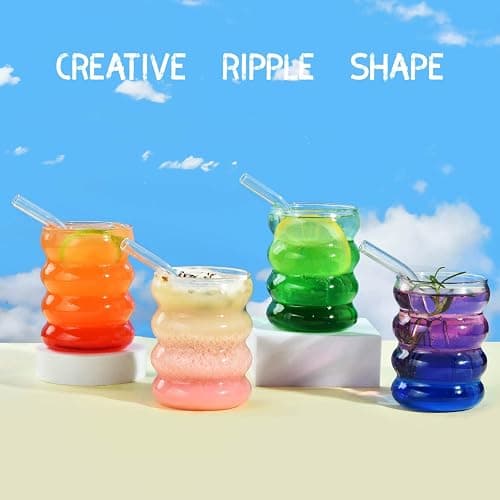ALINK Gerippte Trinkgläser mit Glasstrohhalmen 4er Set, 350ml Eiskaffeegläser, Wave Gläser Tumbler, Wassergläser,Longdrinkgläser,Trinkgläser, für Cocktail,Wasser, Soda, Geschenk mit Pinsel thumbnail 7