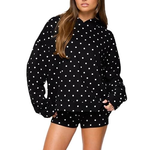 Morlaeley Women Polka Dot Hoodie Shorts Set Long Sleeve Oversized 2 Piece Sweat Set Casual Y2k Sweatshirt Matching Sets - Image 1