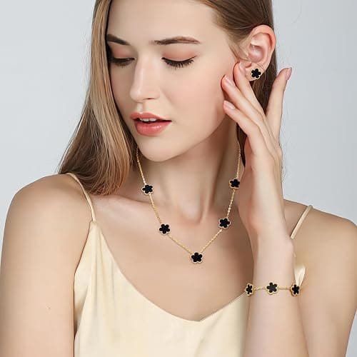 AmorArtSky Lucky Clover Jewelry Set - 18K Gold Plated Flower Design Five Leaf Bracelet, Necklace Pendant, Earrings for Women - Lucky Gifts for Mom, Wife, Daughter, Friends thumbnail 6
