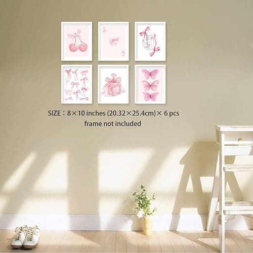 HNNXAR Coquette Trendy Preppy Poster Wall Art Set Of 6 Pink Bow Cherry Disco Ball Butterfly Canvas Picture Prints Decor Aesthetic For Girls Room College Dorm Apartment Bedroom 8x10 Unframed thumbnail 8