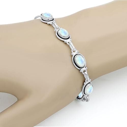 Natural Oval Gemstones Sterling Silver Plated Link Bracelet - Handmade Birthstone Vintage Style Adjustable Bracelets - Women's Jewelry Gift for Mom Wife Sister Grandmother thumbnail 5