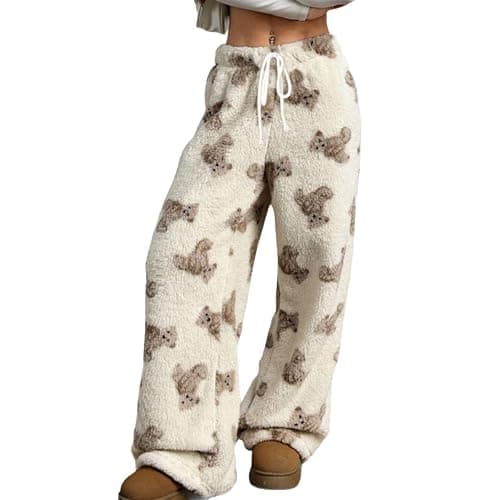 Flannel Plaid Leopard Pajama Pants for Women Plush Fuzzy Pjs Pant Furry Pajamas Bottom Sleep Pants - Image 1