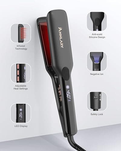 ANNLARY Hair Straightener, 1.75 Inch Flat Iron with Infrared and Ionic Technology, Titanium Plate with Ceramic Coating Dual Voltage Straightener with Heat-Resistant Silicone for All Hair Types thumbnail 7