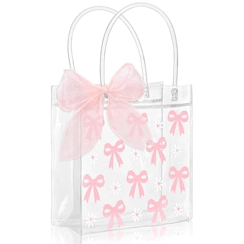 ROBOHOOK 6 PCS Clear Gift Bags with Handles, Reusable Bow Goodie Bags, Comes with a Roll of 9m Pink Ribbon Suitable for Weddings Birthdays Baby Showers Etc - Image 1
