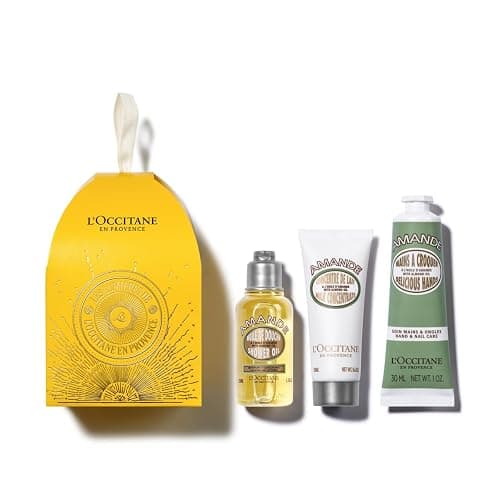 L'OCCITANE Almond Holiday Ornament Beauty Gift Set, 3-Piece Moisturizing Skincare Trio, Travel-Size Shower Oil, Body & Hand Cream Minis for Soft Skin - Image 1