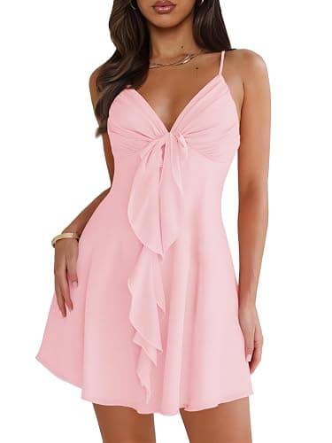 MIYIEONZ Women Sleeveless Sexy V Neck Summer Dress for Women Casual Flowy Beach Club Party Spaghetti Strap Mini Sundress - Image 1