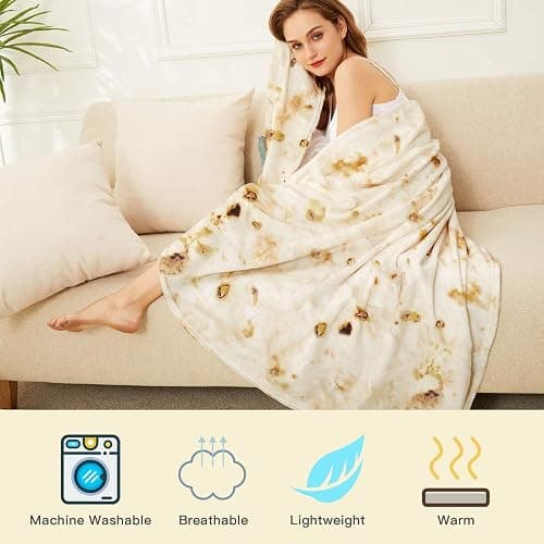 Burrito Tortilla Throw Blanket, 2.0 Double Sided Burritos Taco Tortilla Wrap Blankets,Giant Funny Realistic Flannel Food Round Blankets,Funny Gifts for Kids Newborn Toddler Dog Cat Baby Shower 47in - Yellow - 47in thumbnail 6