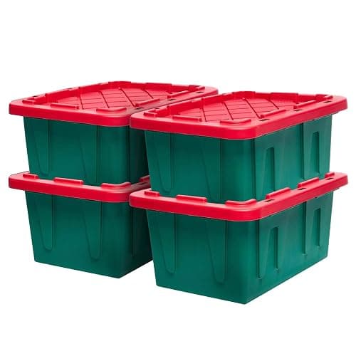HOMZ 4-Pack Durabilt Tote, Heavy Duty Plastic Storage Bins with Lids, 15 Gallon, Green/Red - Stackable Organizing Containers for Home, Garage, and Office - Image 1