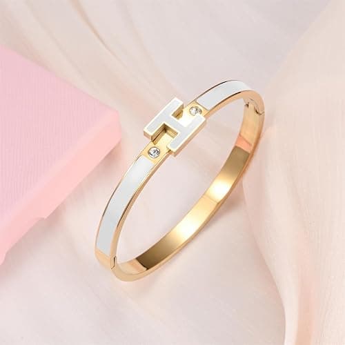 Hothink Gold Bracelets for Women, H Bangle Bracelet, Dainty 18K Gold Plated Stainless Steel Enamel Bracelet for Everyday, Work, Party, Stackable Gift for Mom, Wife, Girlfriend thumbnail 7