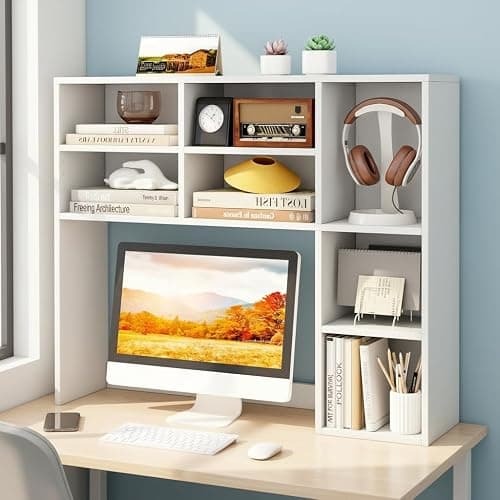 Tangkula Desktop Bookshelf, 37" Countertop Storage Hutch with 7 Cubes & 3 Adjustable Shelves, 3-Tier Desk Display Rack Organizer, Multipurpose Wood Desktop Hutch for Dorm Home Office (White) thumbnail 2
