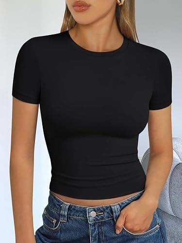 Trendy Queen Womens Short Sleeve T Shirts - Buttery Soft Summer Crop Tops Slim Fit Y2k Basic Tees for Workout thumbnail 3