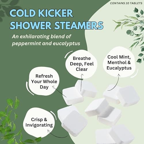 Cold Kicker Shower Steamers Aromatherapy for Relief - USA Made - Peppermint & Eucalyptus Shower Bomb Tablets - Mothers Day Gift for Mom - Soothing Natural Essential Oils (10 Pack) thumbnail 2