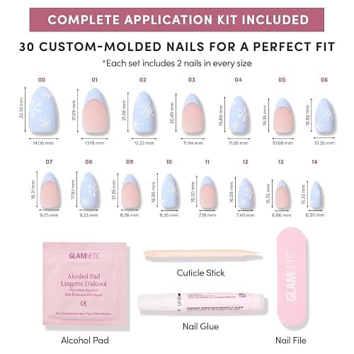 Glamnetic Press On Nails - Snow Bunny | Short Almond Fake Nails in Pale Blue with French Tips & 3D Snowflake Designs in a Matte Finish, Salon Quality Winter Nails | 15 Sizes - 30 Nail Kit with Glue thumbnail 4