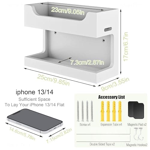 NiHome Wall Mounted Wooden Bedside Accessories Organizer, Double Tray Bedside Wall Storage Shelf Rack with Magnetic Hooks, Bedroom Dorm Wall Caddy Holder for Phone Glasses Alarm Clock Remote (White) thumbnail 2