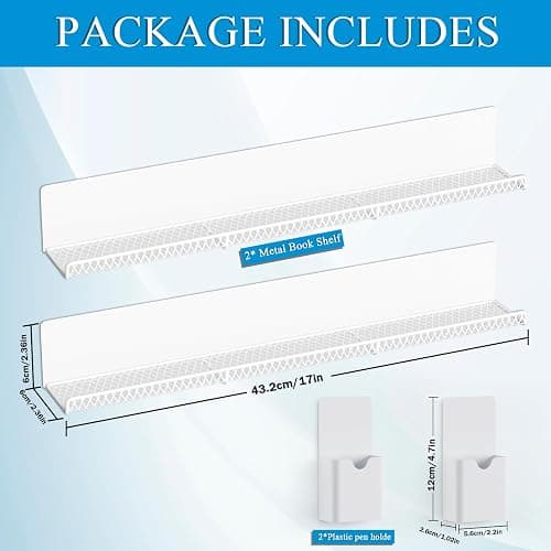 DTUQYX Metal Magnetic Book Shelf: 17” Magnetic Bookshelves for Whiteboard 2-Pack with 2 Pen Containers Strong Adsorption, Durable Floating Book Display Shelf, Movable Office File Holder (White) thumbnail 3