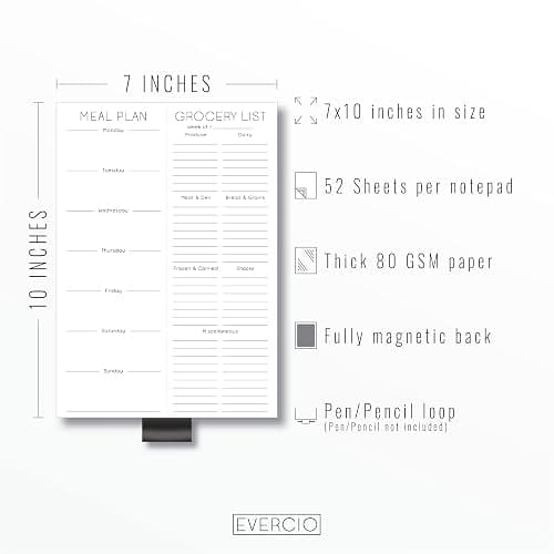 Evercio Meal Plan & Grocery List Magnetic Notepad for Refrigerator | For Shopping Lists Planner Organizer Memo Note Pad for Fridge | Kitchen Gift for Mother, Girlfriend | 7x10 Inches, 52 Sheets thumbnail 2