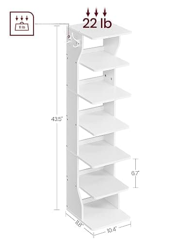 VASAGLE 7-Tier Vertical Shoe Rack, Narrow Shoe Storage Organizer with Hooks, Slim Corner Tower Shelf, Space-Saving for Entryway and Bedroom, White ULBS200T14 thumbnail 3