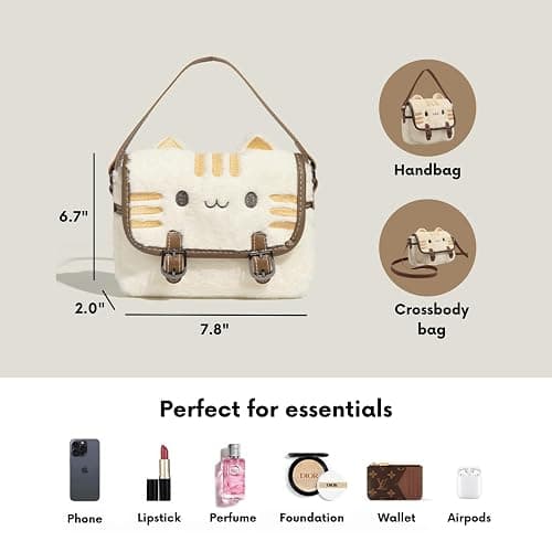 FunFink Cute Kawaii Cat Purse Plush Mini Crossbody Bag for Women, Soft Adjustable Shoulder Handbag for Cat Lovers, Novelty Gift for Christmas Valentine's Birthday (7.8x6.7x2 Inch) thumbnail 3