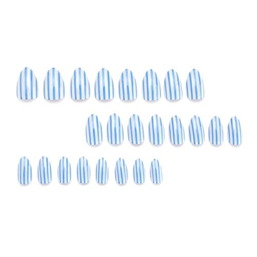 Short Almond Press on Nails Blue White Striped Line Fake Nails Decoration | Glossy Cute Acyrlic False Nails Nature Reusable Full Cover Stick on Nails for Women Manicure 24Pcs thumbnail 4