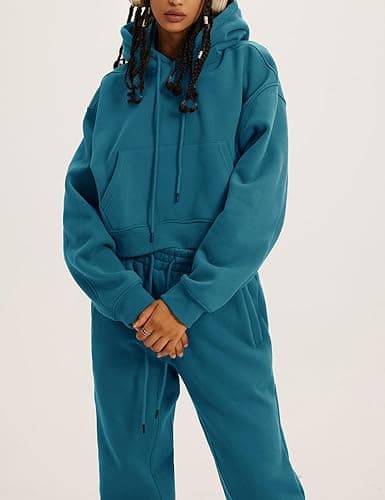 Kissonic Women's Fleece Jogger Sets 2 Pieces Sweatsuits Outfits Crop Top Hoodies Jogger Pants thumbnail 4