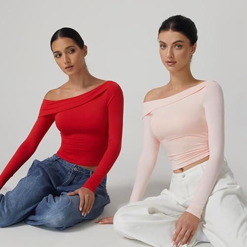 QINSEN Women Long Sleeve Off Shoulder Tops Trendy Double Lined Going Out Shirt for Fall thumbnail 6