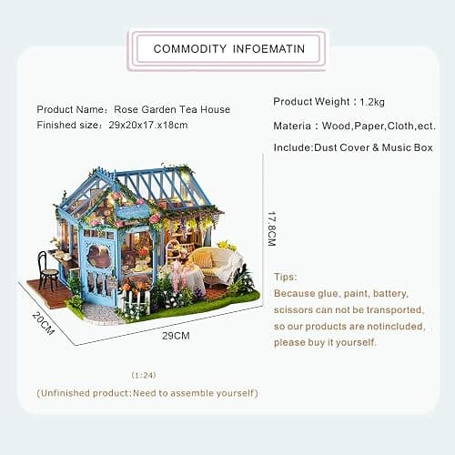 CUTEBEE Dollhouse Miniature House with Furniture, DIY Dollhouse Kit with Dust Proof, Music Movement, 1:24 Scale Creative Room for Gift for Family and Friends (Rose Garden Tea House) thumbnail 3