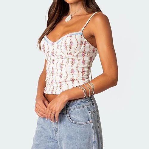 Women Y2k Backless Tank Top Vintage Lace Trim Floral Patchwork Cami Crop Top Summer Party Club Vest 00s Retro Shirt thumbnail 4
